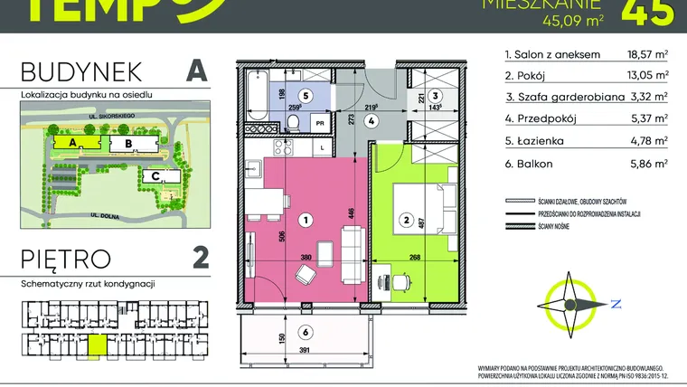 Rzut - Mieszkanie na sprzedaż 2 pokoje o powierzchni 45,09 m² - numer A45 w Osiedle TEMPO