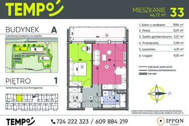 Rzut - Mieszkanie na sprzedaż 2 pokoje o powierzchni 46,72 m² - numer A33 w Osiedle TEMPO