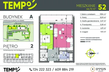Rzut - Mieszkanie na sprzedaż 2 pokoje o powierzchni 46,72 m² - numer A52 w Osiedle TEMPO