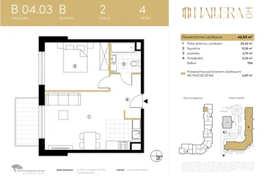 Rzut - Mieszkanie na sprzedaż 2 pokoje o powierzchni 42,62 m² - numer B.04.03 w Hallera 140