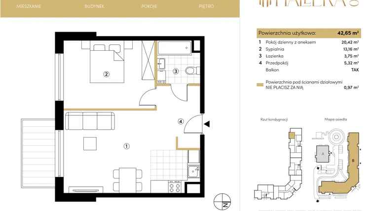 Rzut - Mieszkanie na sprzedaż 2 pokoje o powierzchni 42,62 m² - numer B.04.03 w Hallera 140