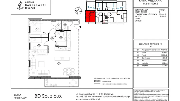 Rzut - Mieszkanie na sprzedaż 3 pokoje o powierzchni 81,02 m² - numer M2 w Osiedle Barczewski Dwór etap III
