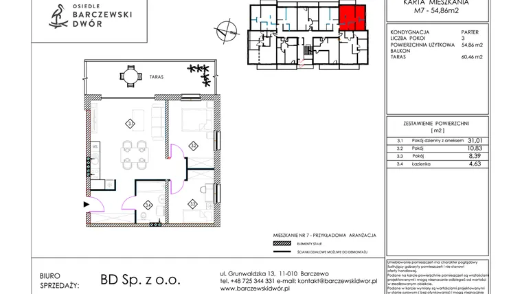 Rzut - Mieszkanie na sprzedaż 3 pokoje o powierzchni 54,86 m² - numer M7 w Osiedle Barczewski Dwór etap III