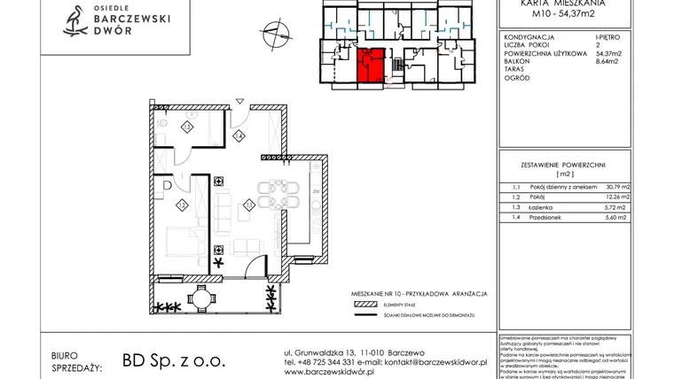 Rzut - Mieszkanie na sprzedaż 2 pokoje o powierzchni 54,37 m² - numer M10 w Osiedle Barczewski Dwór etap III