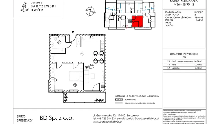 Rzut - Mieszkanie na sprzedaż 2 pokoje o powierzchni 58,9 m² - numer M36 w Osiedle Barczewski Dwór etap III