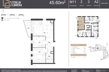 Rzut - Mieszkanie na sprzedaż 3 pokoje o powierzchni 45,6 m² - numer A2_M11 w Stacja Ligocka