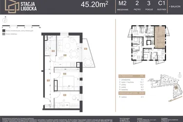 Rzut - Mieszkanie na sprzedaż 3 pokoje o powierzchni 45,2 m² - numer C1_M2 w Stacja Ligocka