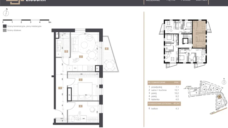 Rzut - Mieszkanie na sprzedaż 3 pokoje o powierzchni 45,2 m² - numer C1_M2 w Stacja Ligocka