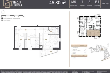 Rzut - Mieszkanie na sprzedaż 3 pokoje o powierzchni 45,8 m² - numer B1_M5 w Stacja Ligocka