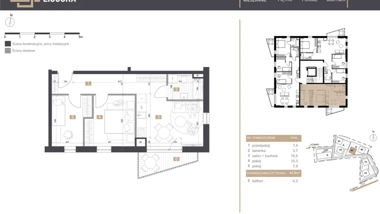 Rzut - Mieszkanie na sprzedaż 3 pokoje o powierzchni 45,8 m² - numer B1_M5 w Stacja Ligocka