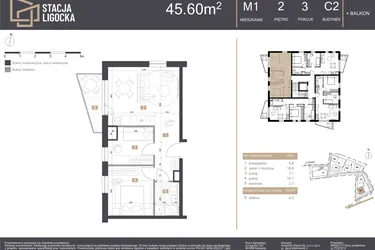 Rzut - Mieszkanie na sprzedaż 3 pokoje o powierzchni 45,6 m² - numer C2_M1 w Stacja Ligocka