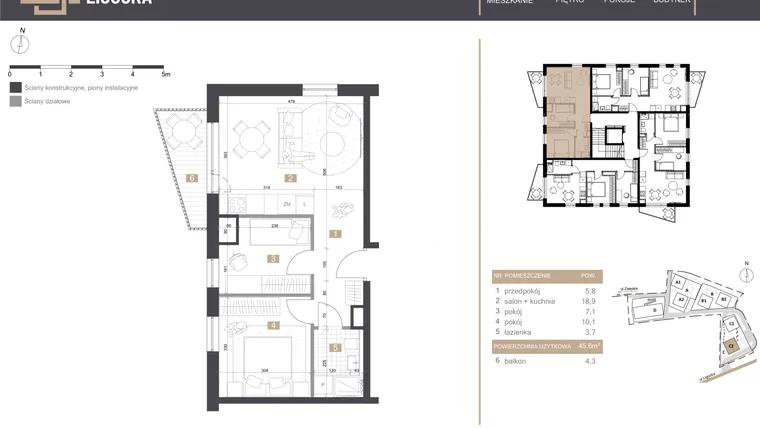 Rzut - Mieszkanie na sprzedaż 3 pokoje o powierzchni 45,6 m² - numer C2_M1 w Stacja Ligocka