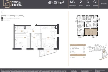 Rzut - Mieszkanie na sprzedaż 3 pokoje o powierzchni 49 m² - numer C1_M3 w Stacja Ligocka