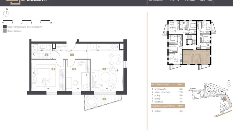 Rzut - Mieszkanie na sprzedaż 3 pokoje o powierzchni 49 m² - numer C1_M3 w Stacja Ligocka