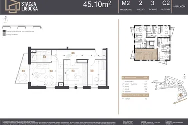 Rzut - Mieszkanie na sprzedaż 3 pokoje o powierzchni 45,1 m² - numer C2_M2 w Stacja Ligocka