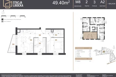 Rzut - Mieszkanie na sprzedaż 3 pokoje o powierzchni 49,4 m² - numer A2_M8 w Stacja Ligocka