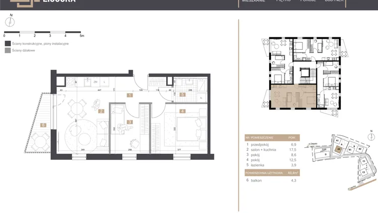 Rzut - Mieszkanie na sprzedaż 3 pokoje o powierzchni 49,4 m² - numer A2_M8 w Stacja Ligocka