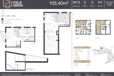 Rzut - Mieszkanie na sprzedaż 3 pokoje o powierzchni 105,4 m² - numer A1_M13 w Stacja Ligocka