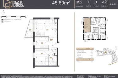 Rzut - Mieszkanie na sprzedaż 3 pokoje o powierzchni 45,6 m² - numer A2_M5 w Stacja Ligocka