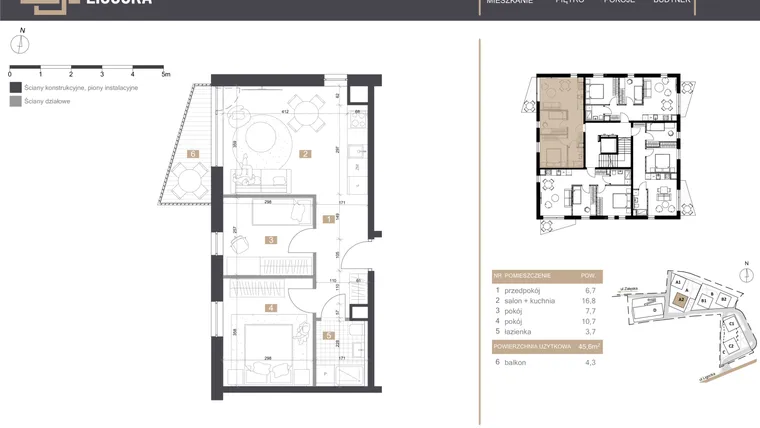 Rzut - Mieszkanie na sprzedaż 3 pokoje o powierzchni 45,6 m² - numer A2_M5 w Stacja Ligocka