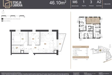 Rzut - Mieszkanie na sprzedaż 3 pokoje o powierzchni 46,1 m² - numer A2_M6 w Stacja Ligocka