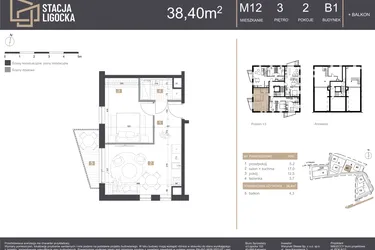 Rzut - Mieszkanie na sprzedaż 2 pokoje o powierzchni 38,4 m² - numer B1_M12 w Stacja Ligocka