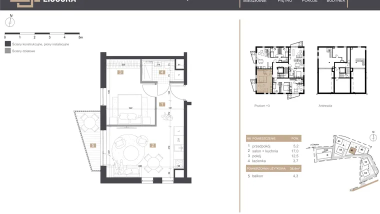 Rzut - Mieszkanie na sprzedaż 2 pokoje o powierzchni 38,4 m² - numer B1_M12 w Stacja Ligocka