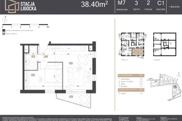 Rzut - Mieszkanie na sprzedaż 2 pokoje o powierzchni 38,4 m² - numer C1_M7 w Stacja Ligocka