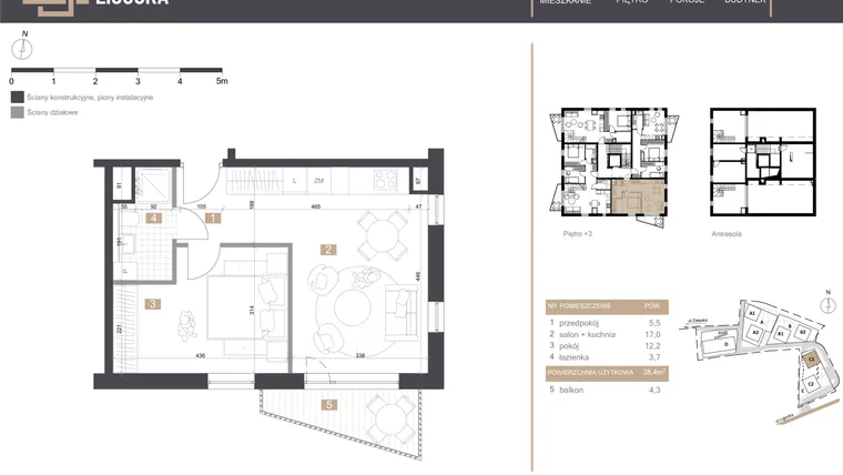 Rzut - Mieszkanie na sprzedaż 2 pokoje o powierzchni 38,4 m² - numer C1_M7 w Stacja Ligocka