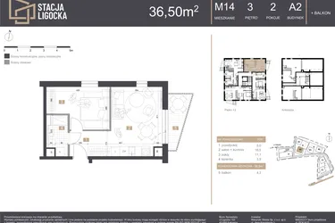 Rzut - Mieszkanie na sprzedaż 2 pokoje o powierzchni 36,5 m² - numer A2_M14 w Stacja Ligocka