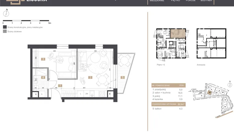 Rzut - Mieszkanie na sprzedaż 2 pokoje o powierzchni 36,5 m² - numer A2_M14 w Stacja Ligocka