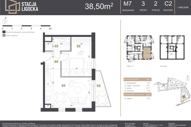 Rzut - Mieszkanie na sprzedaż 2 pokoje o powierzchni 38,5 m² - numer C2_M7 w Stacja Ligocka