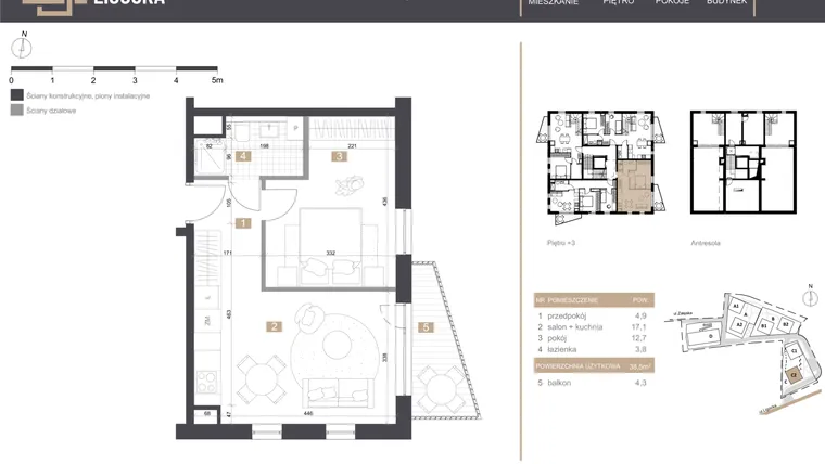Rzut - Mieszkanie na sprzedaż 2 pokoje o powierzchni 38,5 m² - numer C2_M7 w Stacja Ligocka
