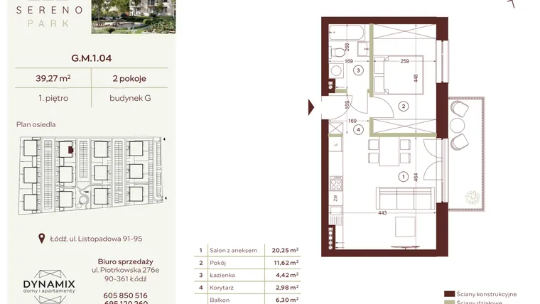Rzut - Mieszkanie na sprzedaż 2 pokoje o powierzchni 39,27 m² - numer G.M.1.04 w Sereno Park