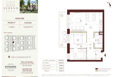 Rzut - Mieszkanie na sprzedaż 2 pokoje o powierzchni 50,28 m² - numer H.M.1.02 w Sereno Park
