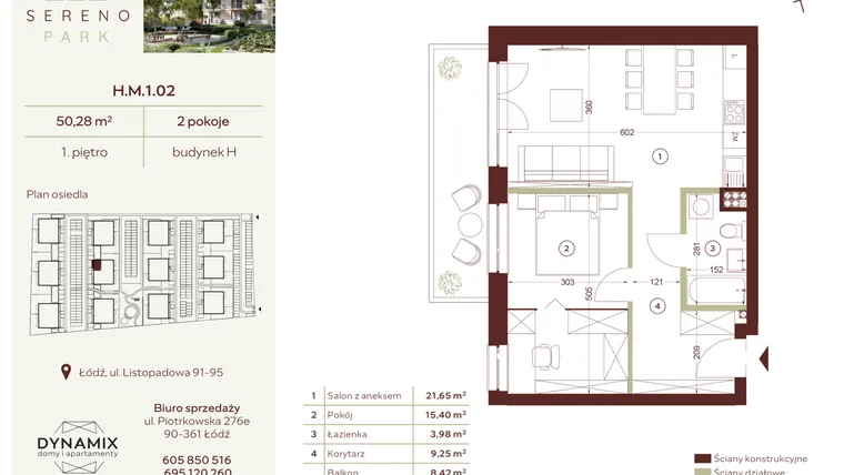 Rzut - Mieszkanie na sprzedaż 2 pokoje o powierzchni 50,28 m² - numer H.M.1.02 w Sereno Park
