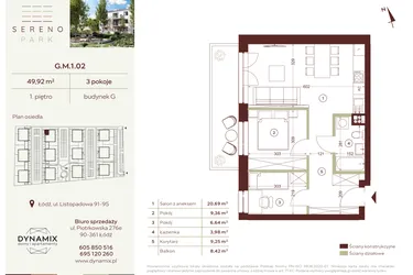 Rzut - Mieszkanie na sprzedaż 3 pokoje o powierzchni 49,92 m² - numer G.M.1.02 w Sereno Park