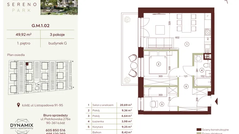 Rzut - Mieszkanie na sprzedaż 3 pokoje o powierzchni 49,92 m² - numer G.M.1.02 w Sereno Park