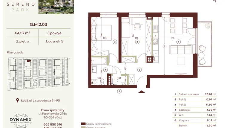 Rzut - Mieszkanie na sprzedaż 3 pokoje o powierzchni 64,57 m² - numer G.M.2.03 w Sereno Park
