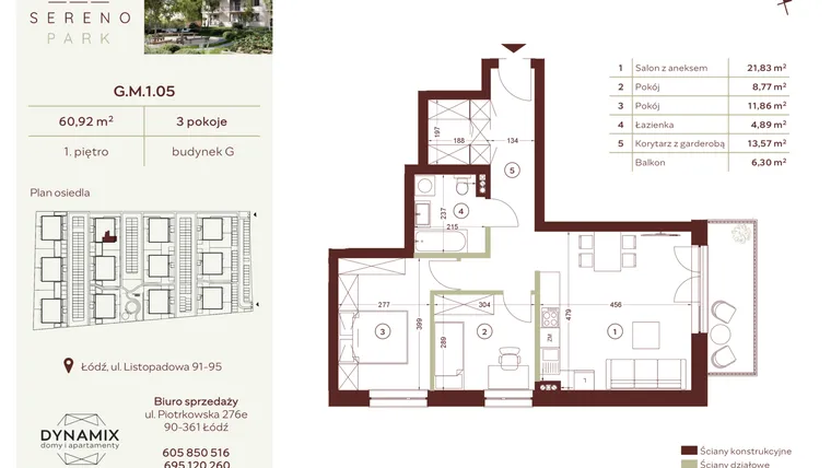 Rzut - Mieszkanie na sprzedaż 3 pokoje o powierzchni 60,92 m² - numer G.M.1.05 w Sereno Park
