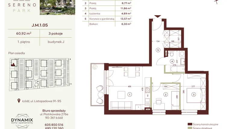 Rzut - Mieszkanie na sprzedaż 3 pokoje o powierzchni 60,92 m² - numer J.M.1.05 w Sereno Park