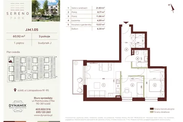Rzut - Mieszkanie na sprzedaż 3 pokoje o powierzchni 60,92 m² - numer J.M.1.05 w Sereno Park
