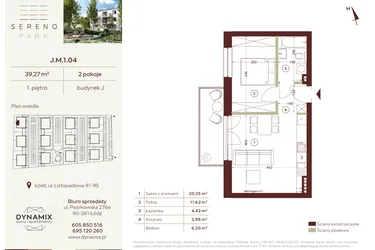 Rzut - Mieszkanie na sprzedaż 2 pokoje o powierzchni 39,27 m² - numer J.M.1.04 w Sereno Park