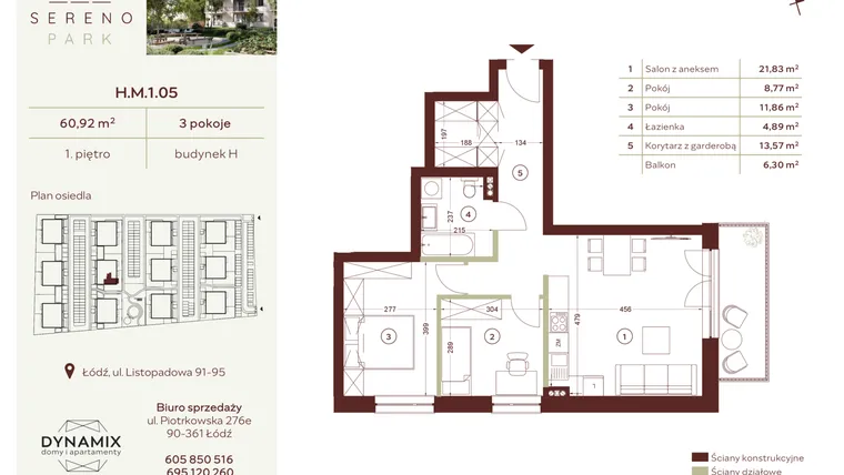 Rzut - Mieszkanie na sprzedaż 3 pokoje o powierzchni 60,92 m² - numer H.M.1.05 w Sereno Park