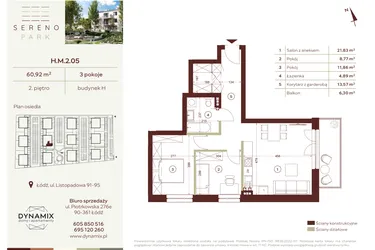 Rzut - Mieszkanie na sprzedaż 3 pokoje o powierzchni 60,92 m² - numer H.M.2.05 w Sereno Park