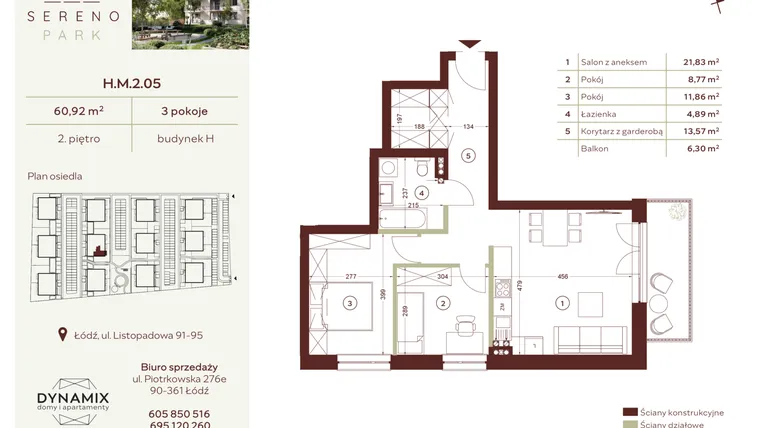 Rzut - Mieszkanie na sprzedaż 3 pokoje o powierzchni 60,92 m² - numer H.M.2.05 w Sereno Park