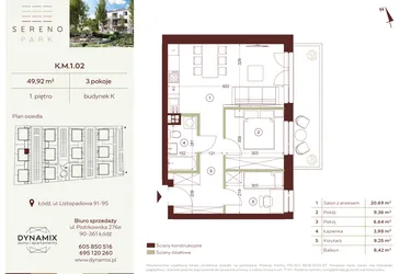 Rzut - Mieszkanie na sprzedaż 3 pokoje o powierzchni 49,92 m² - numer K.M.1.02 w Sereno Park