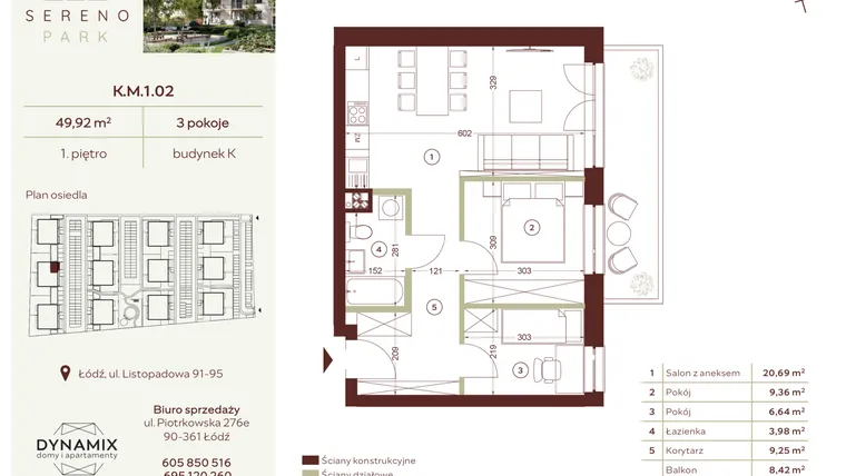 Rzut - Mieszkanie na sprzedaż 3 pokoje o powierzchni 49,92 m² - numer K.M.1.02 w Sereno Park