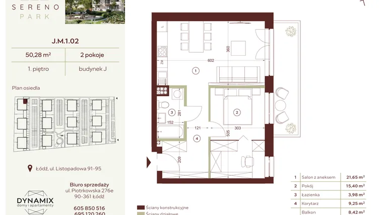Rzut - Mieszkanie na sprzedaż 2 pokoje o powierzchni 50,28 m² - numer J.M.1.02 w Sereno Park