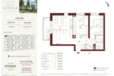 Rzut - Mieszkanie na sprzedaż 3 pokoje o powierzchni 64,57 m² - numer J.M.1.03 w Sereno Park